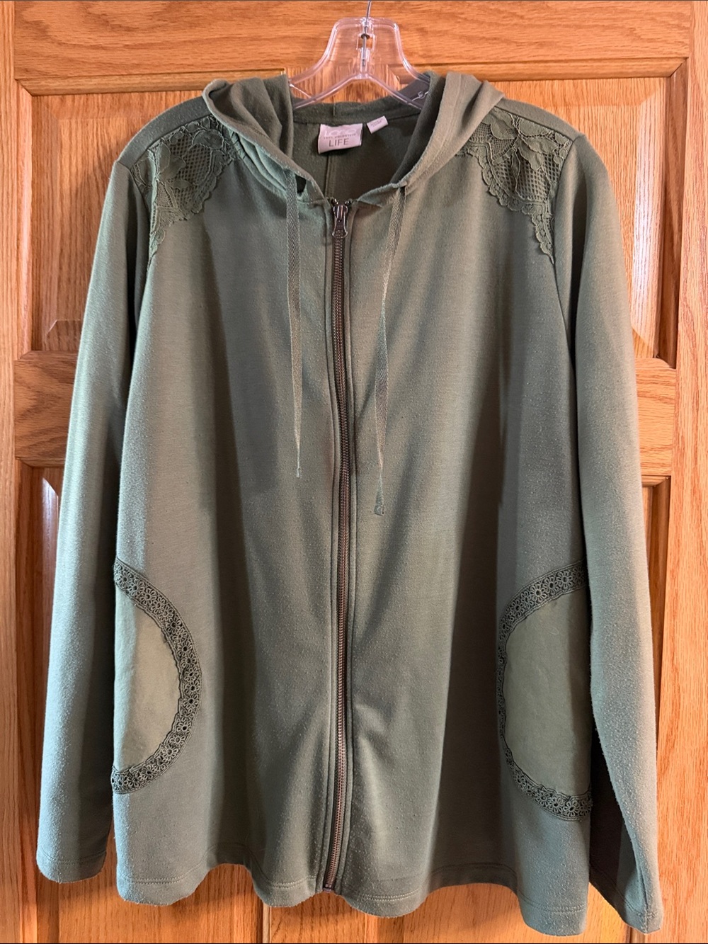 LOGO by Lori Goldstein Olive Green Lace-Trim Zip Hoodie